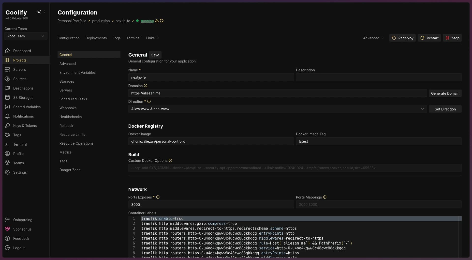 Coolify project configuration page