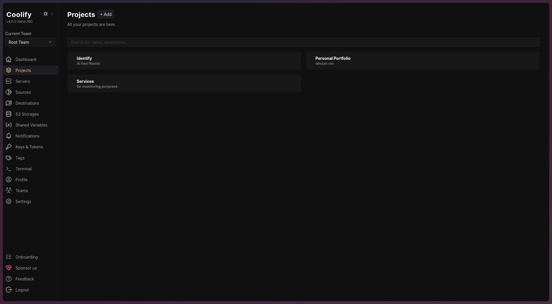 Coolify projects tab