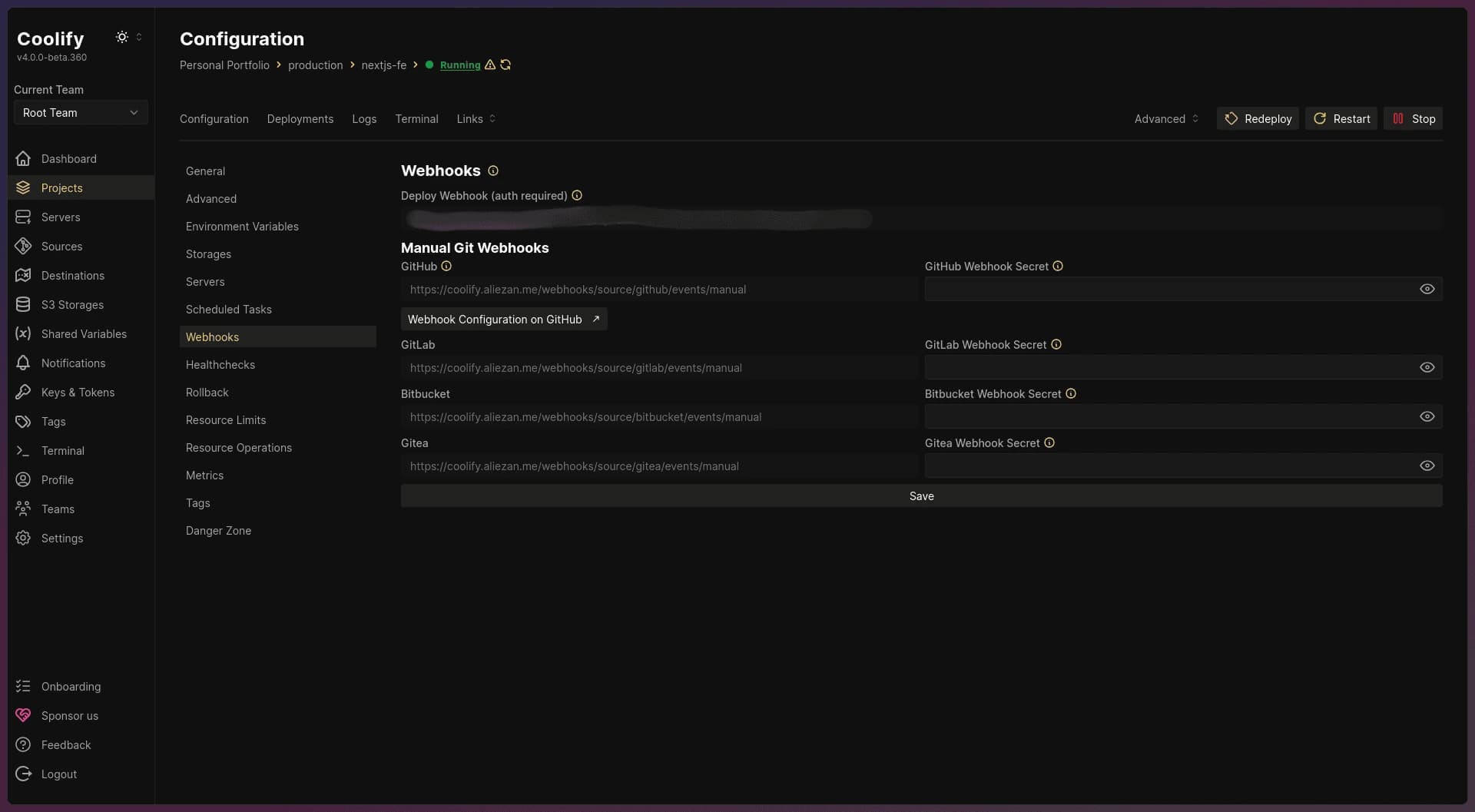 Webhooks page - Coolify