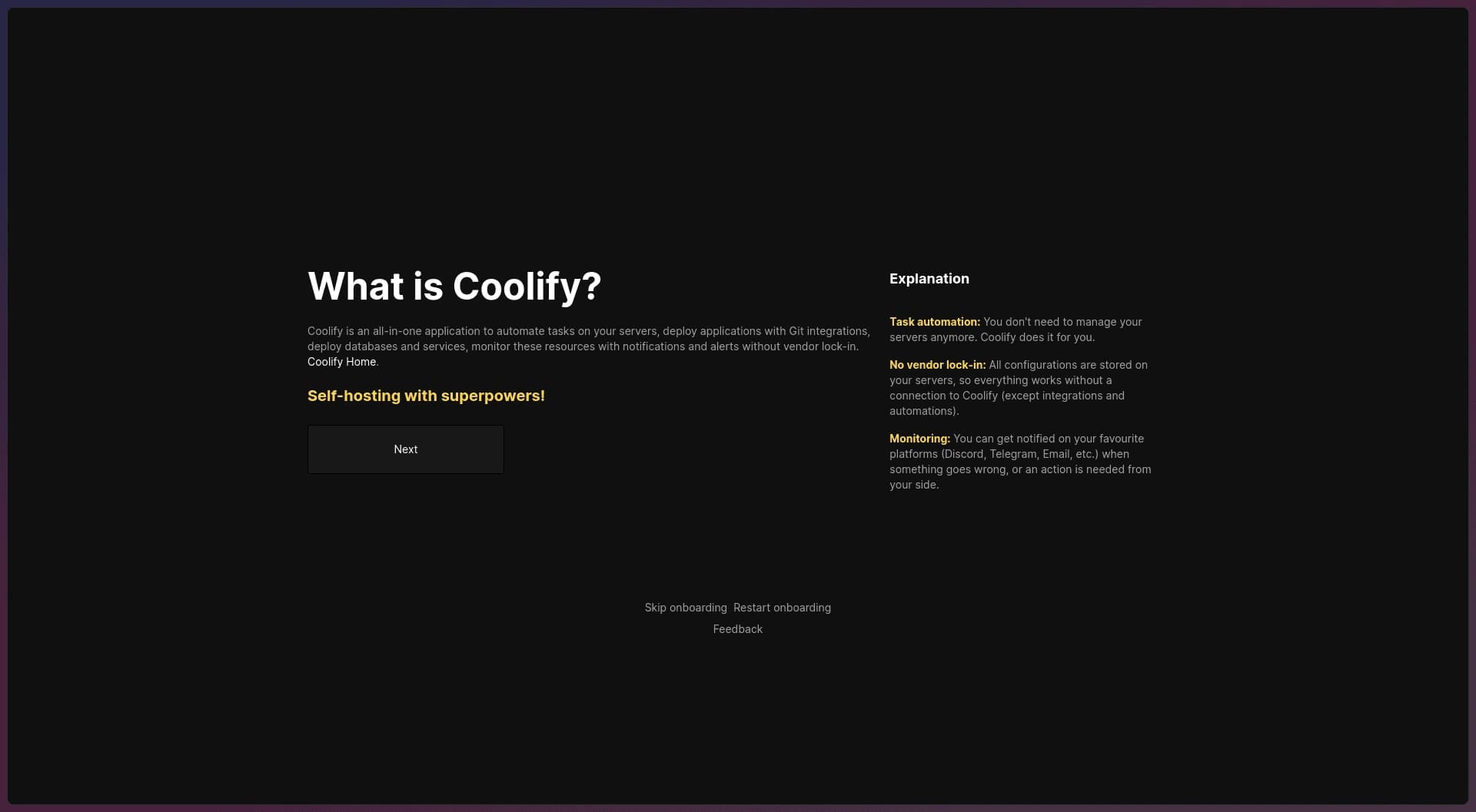 Coolify Onboarding Page