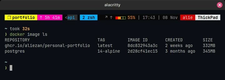 'docker image ls' command showing image size