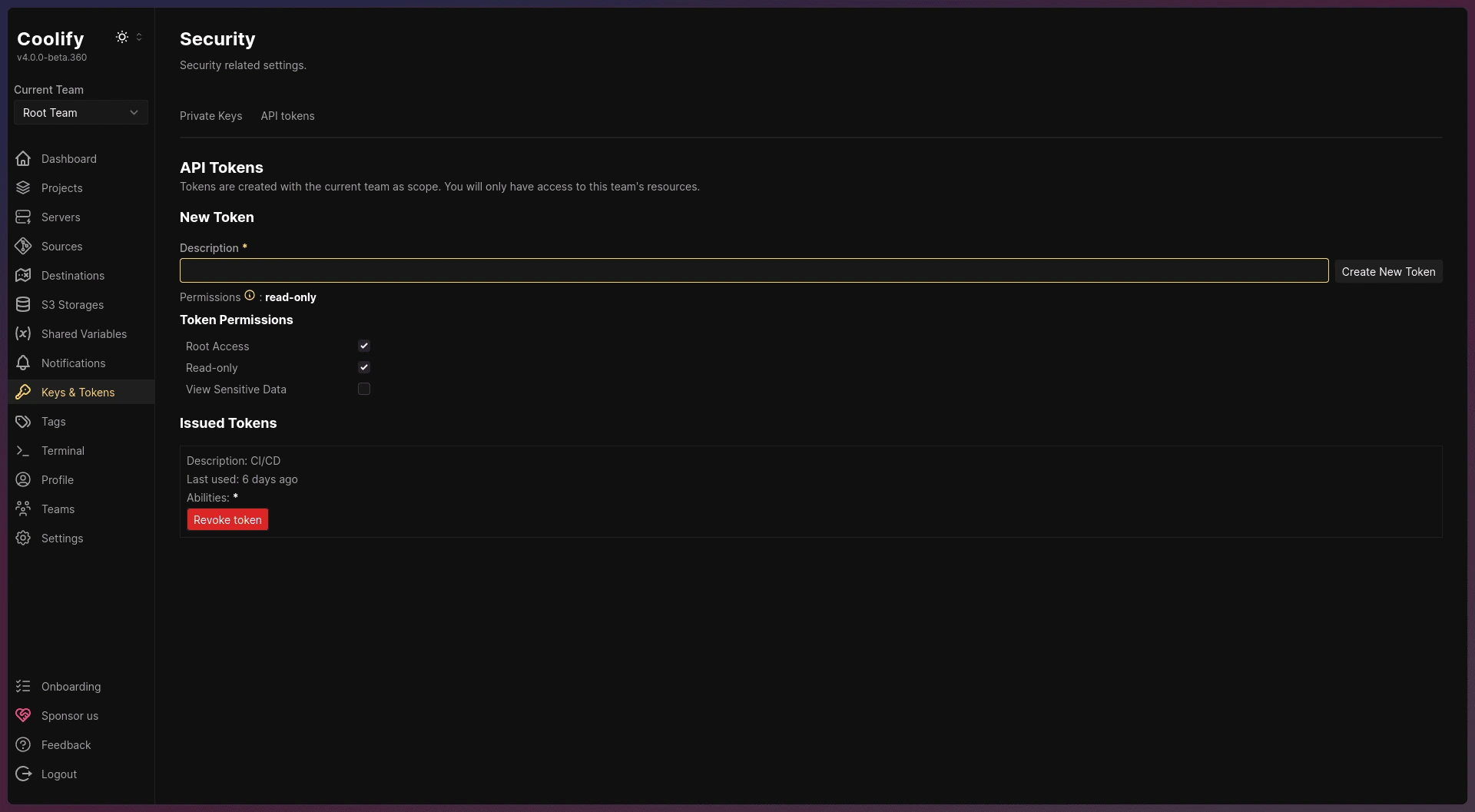Keys & Token page