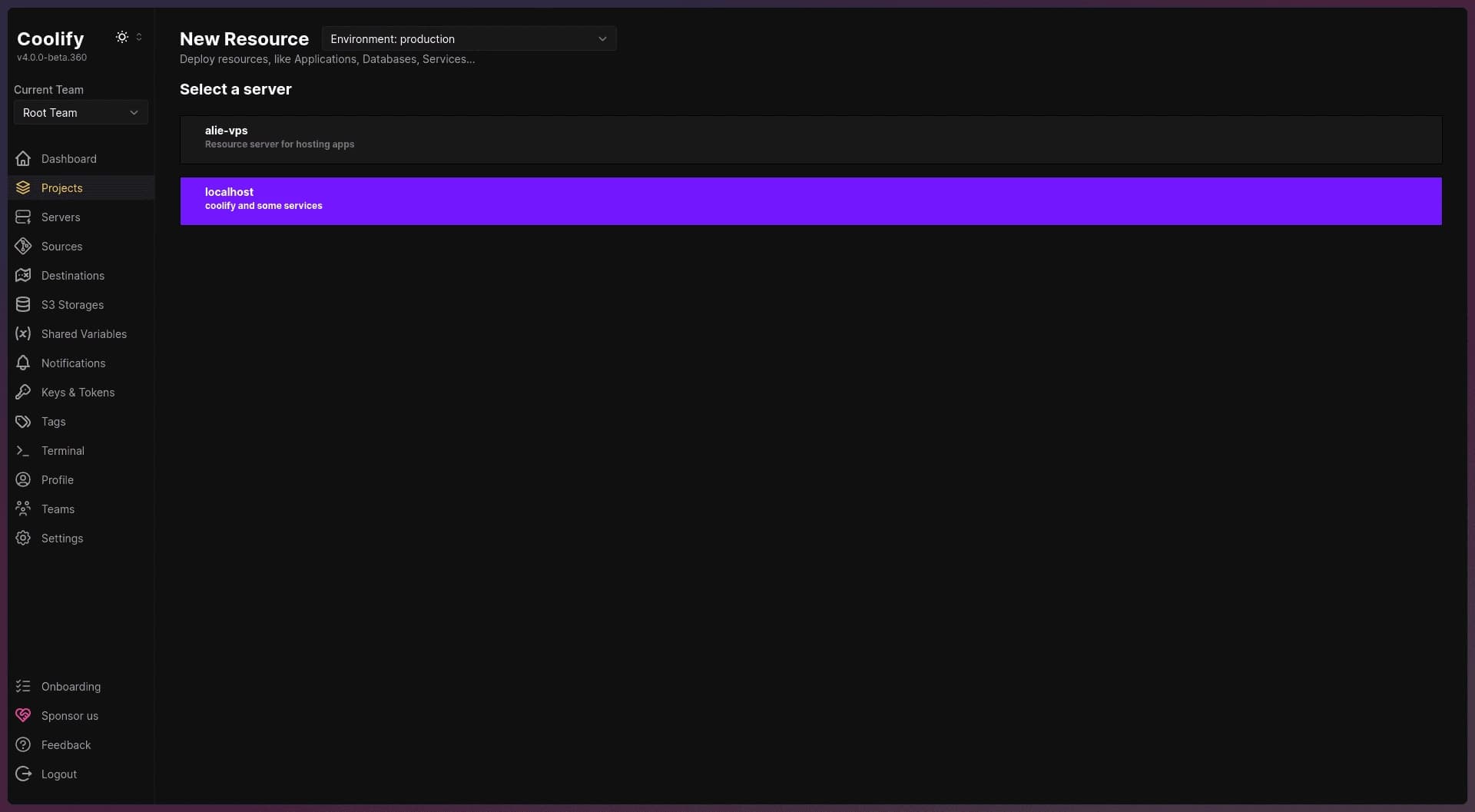 Server selection page